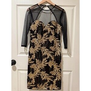 JS Collections Gold Black Sequin Leaf Glam Sheer Cocktail Dress 6 Party NYE